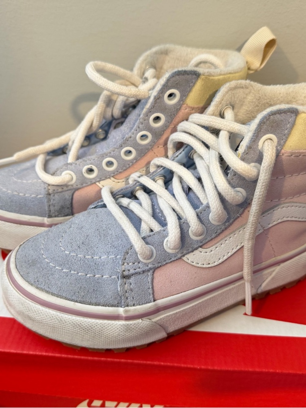 Vans Kids High-Top Sneakers in Light Blue, Pink & Yellow